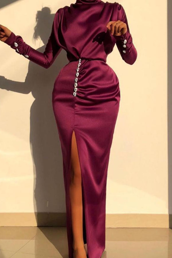 Lovely Party Slit Wine Red Maxi Dress