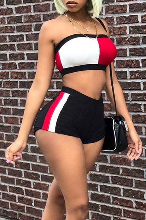 

Lovely Casual Patchwork Red Two-piece Shorts Set