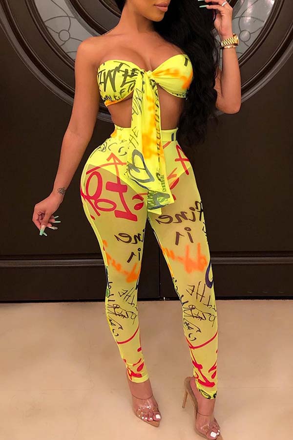 

Lovely Trendy See-through Yellow Two-piece Pants Set