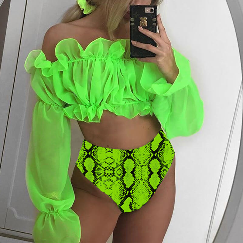 Lovely Flounce Design Green Two-piece Swimwear