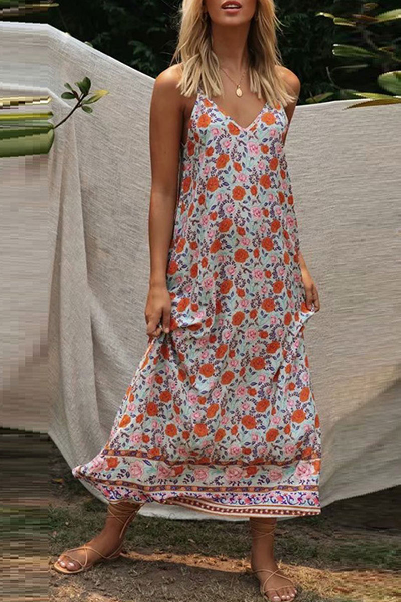 

Lovely Sleeveless Print Beige Mid Calf Dress