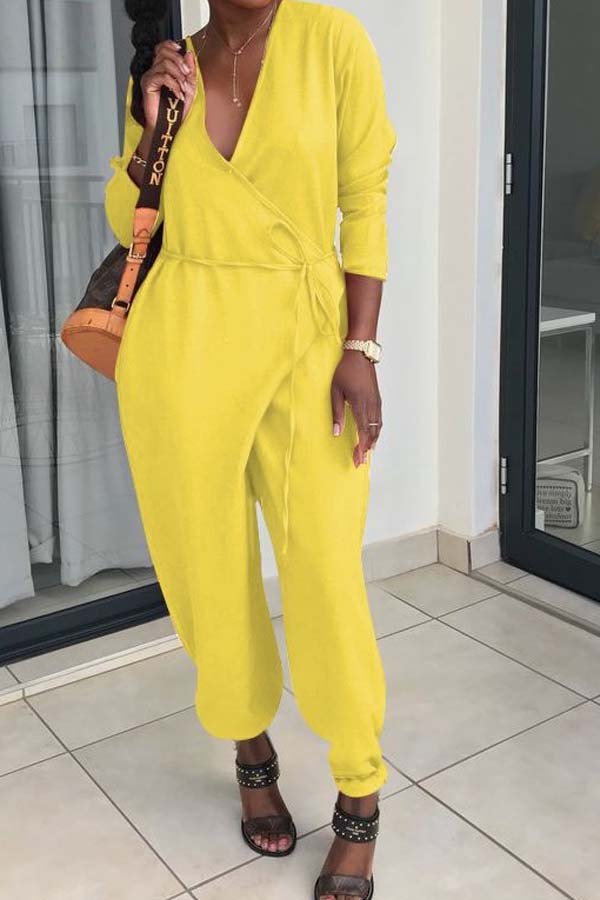 

Lovely Casual V Neck Yellow One-piece Jumpsuit