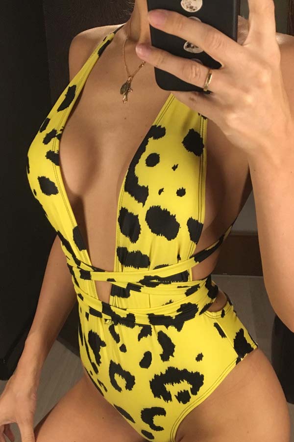 

Lovely Deep V Neck Leopard One-piece Swimsuit