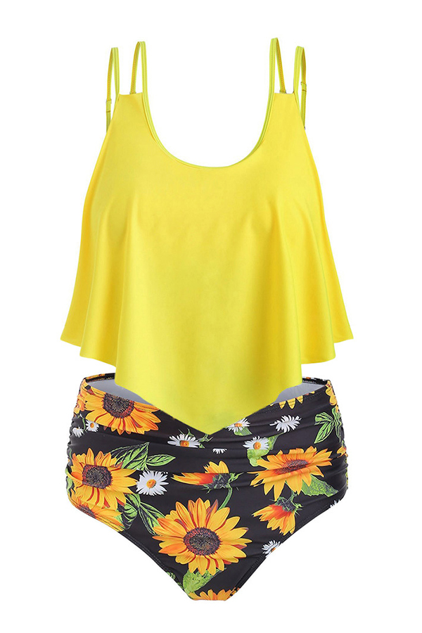 Lovely Print Yellow Plus Size Two-piece Swimsuit