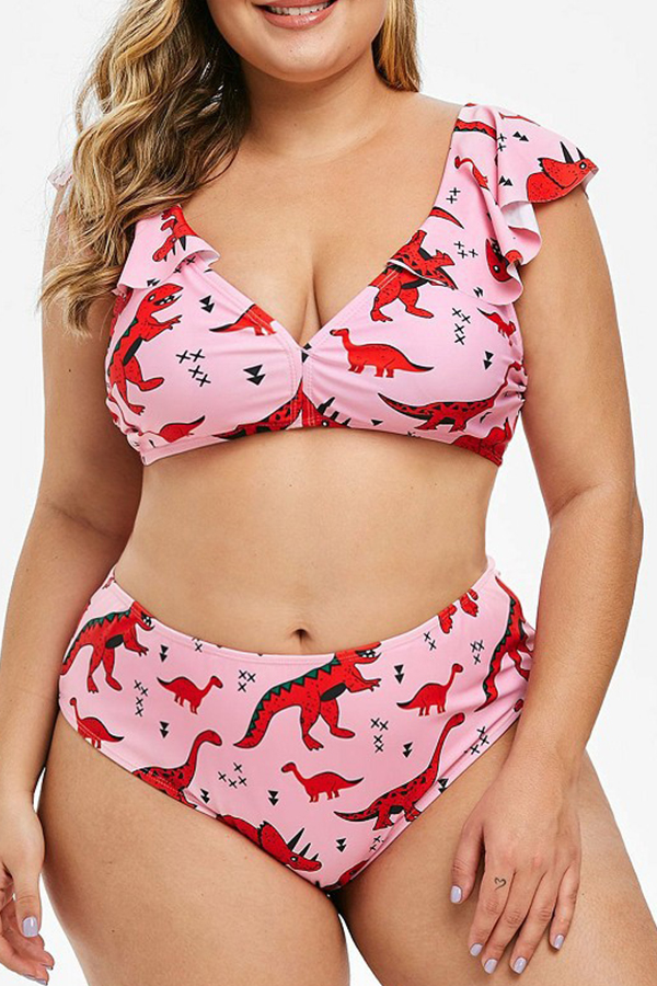 

Lovely Print Pink Plus Size Two-piece Swimsuit