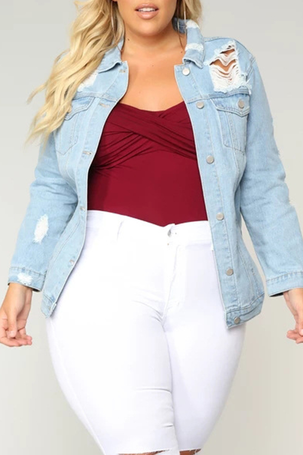 

Lovely Casual Turndown Collar Broken Holes Blue Plus Size Jacket