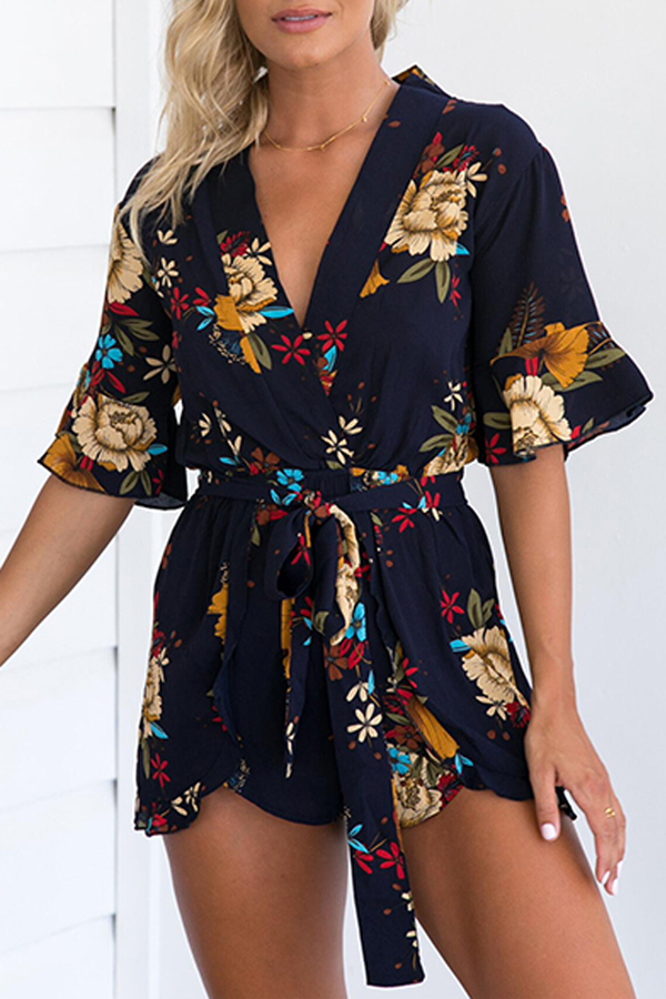 

Lovely Casual Print Dark Blue Romper