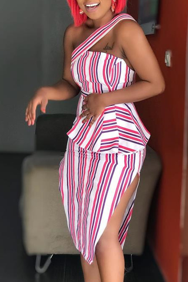 

Lovely Casual Striped Print Red Knee Length Dress, Red stripe