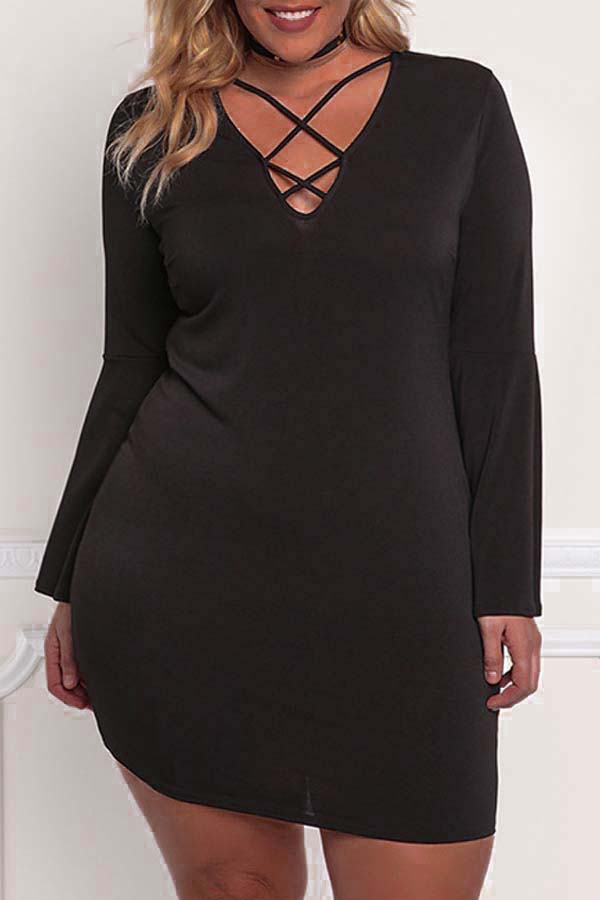 

Lovely Casual Basic Black Plus Size Mini Dress