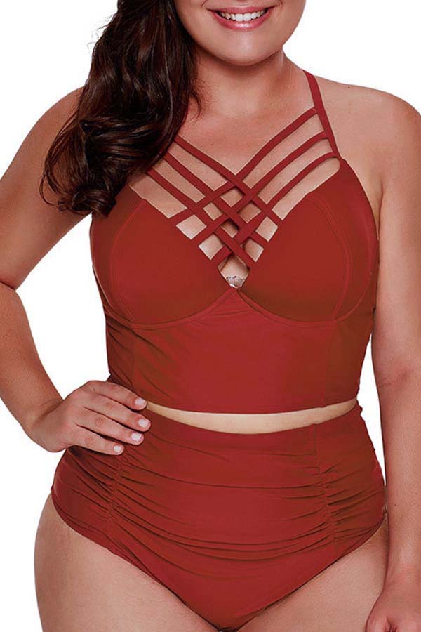 

Lovely Chi Hollow-out Wine Red Plus Size Two-piece Swimsuit