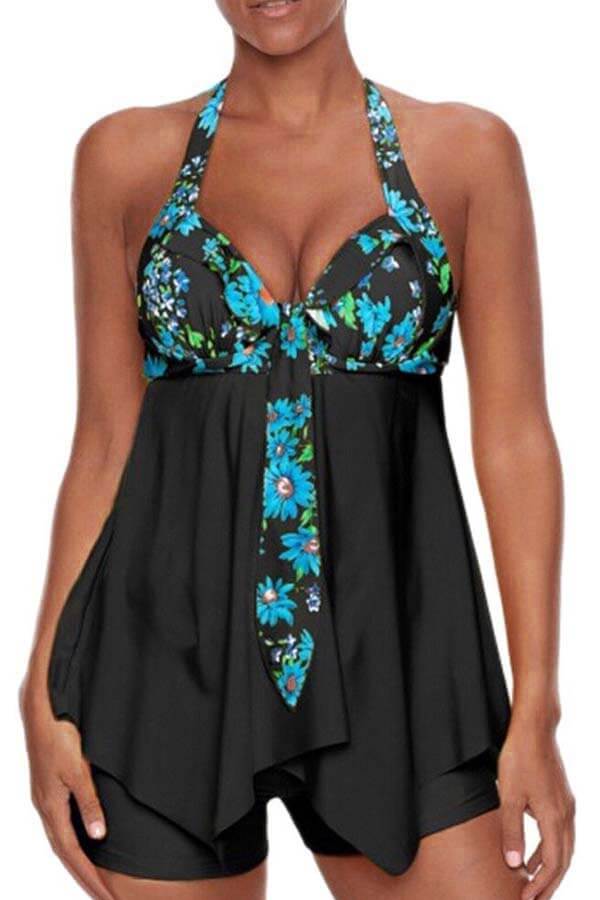 

Lovely Plus Size Casual Print Black Two-piece Swimsuit