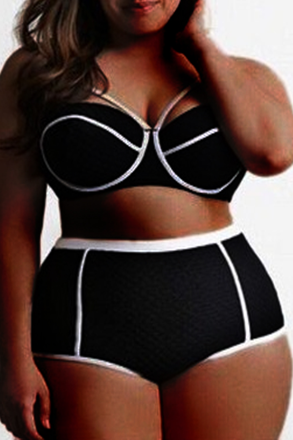 

Lovely Casual Striped Patchwork Black Plus Size Two-piece Swimsuit