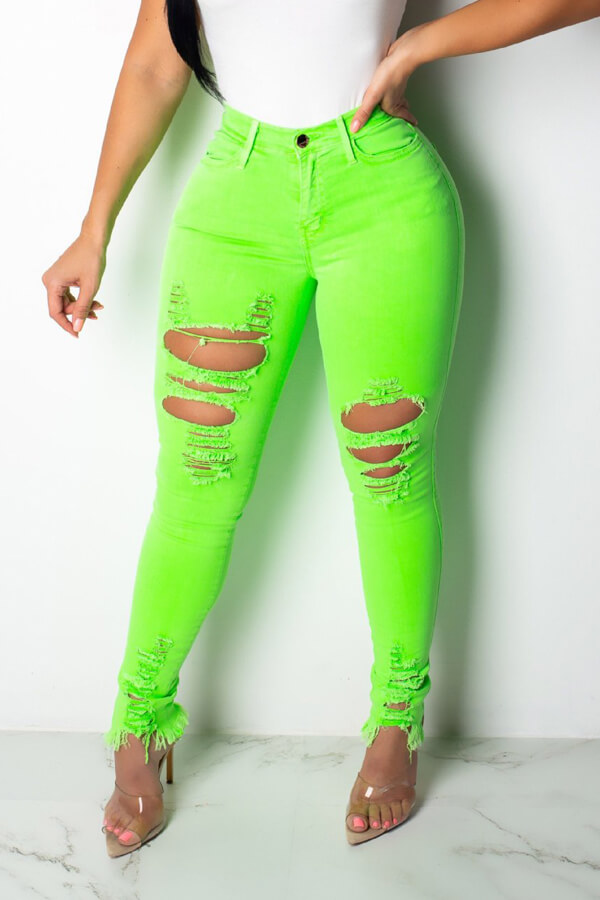 

Lovely Trendy Broken Holes Green Jeans