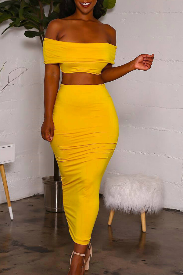 Lovely Casual Backless Yellow Two-piece Skirt Set_Two-piece Skirt Set ...