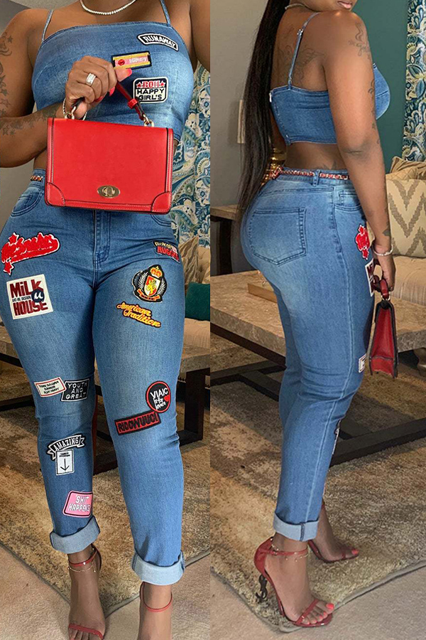 

Lovely Trendy Pocket Patched Blue Two-piece Pants Set
