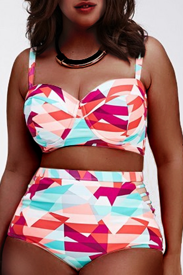 

LW Plus Size Trendy Geometric Print Hollow-out Multicolor Two-piece Swimsuit, Multi