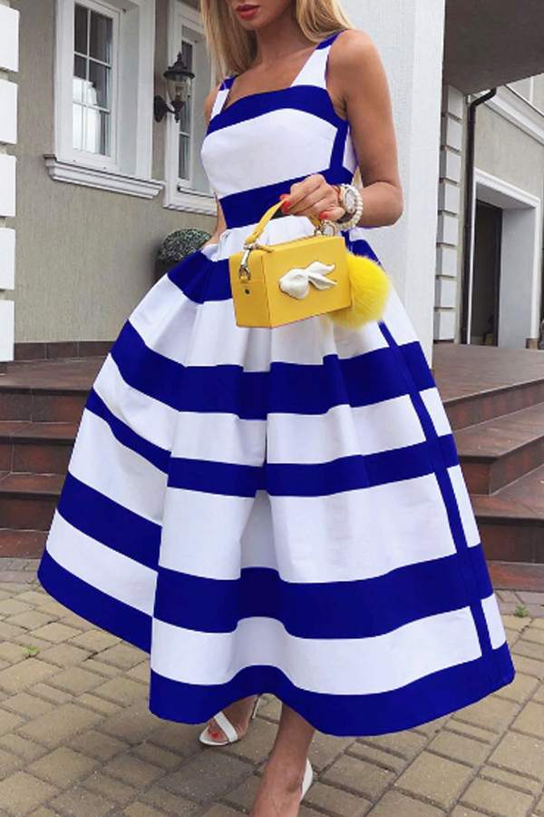 

Lovely Casual Striped Print Blue Mid Calf Dress, Blue stripe