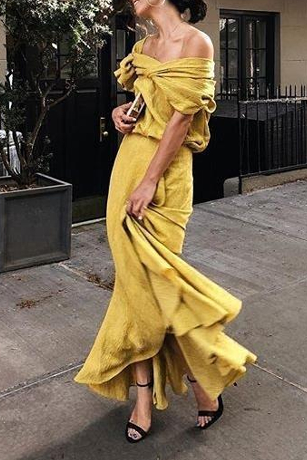 

Lovely Casual One Shoulder Yellow Ankle Length Trumpet Mermaid Plus Size Dress