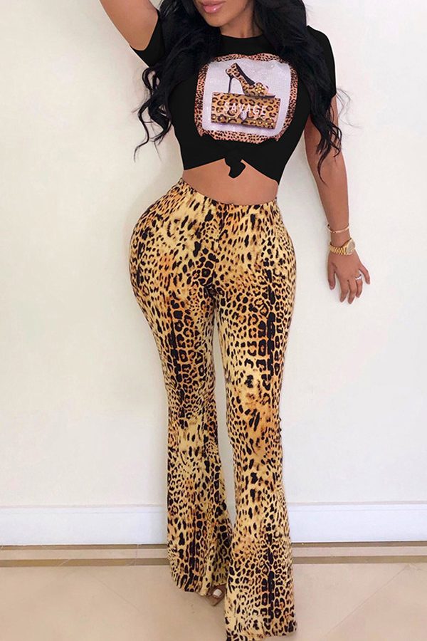 

Lovely Casual Leopard Print Black Two-piece Pants Set