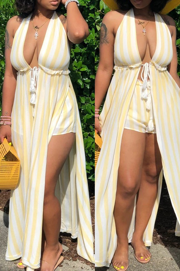 

Lovely Casual Striped Print Yellow Two-piece Shorts Set