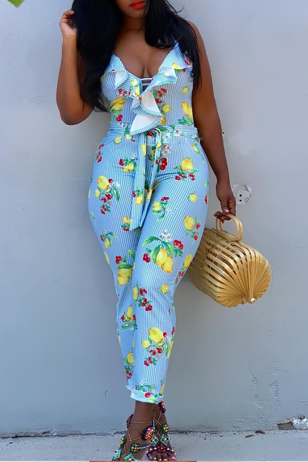 

Lovely Trendy Print Baby Blue One-piece Jumpsuit