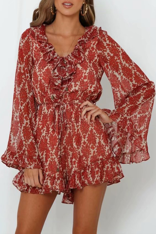 

Lovely Chic Flounce Print Red One-piece Romper