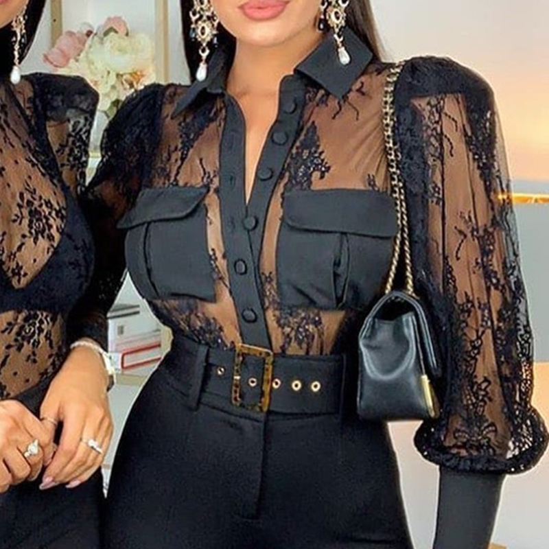 

Lovely Trendy See-through Black Blouse