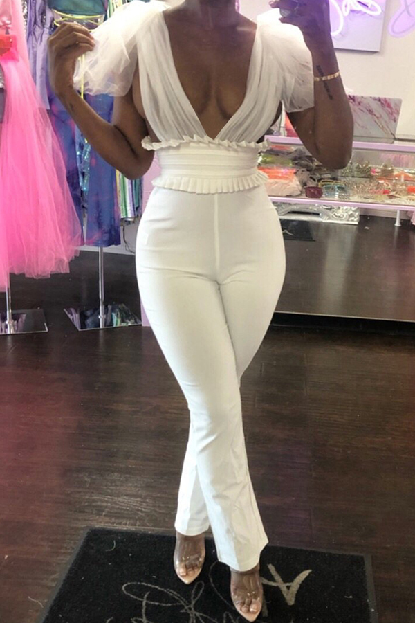 

Lovely Chic Deep V Neck White One-piece Jumpsuit