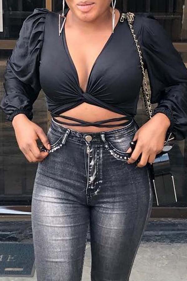 

Lovely Chic V Neck Black Blouse
