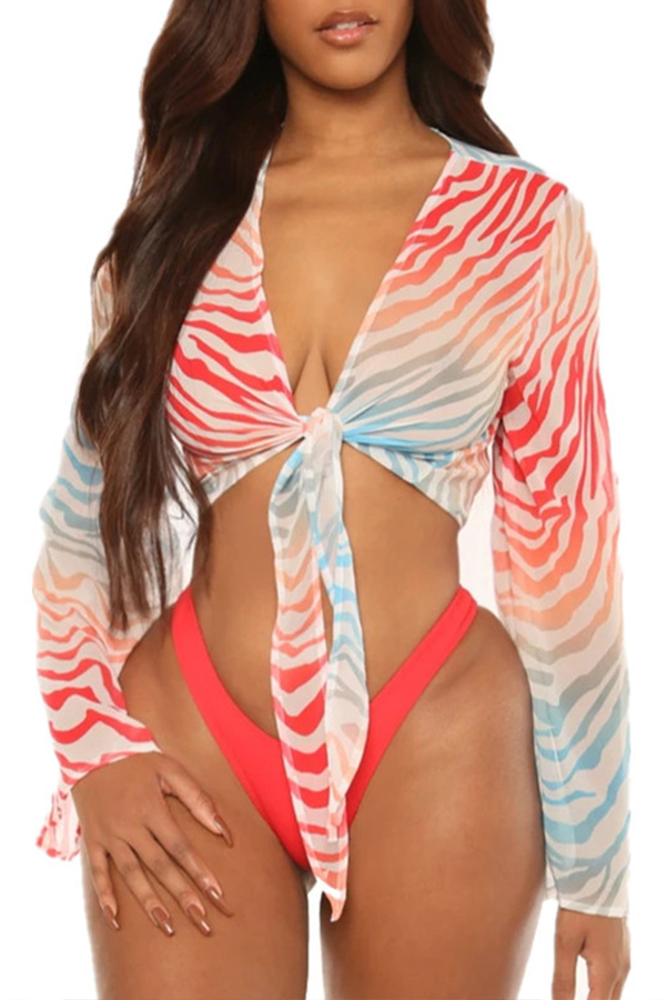 

Lovely Striped Red Two-piece Swimsuit