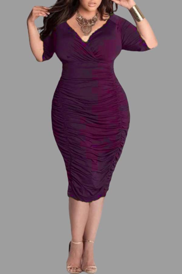 

Lovely Casual V Neck Wine Red Knee Length Plus Size Dress