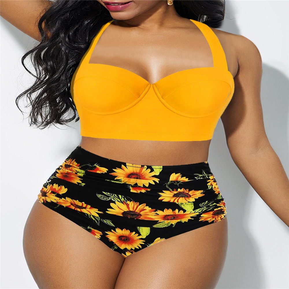 

Lovely Print Yellow Plus Size Two-piece Swimsuit