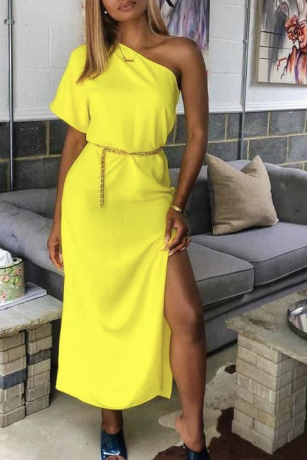 

Lovely Leisure One Shoulder Yellow Mid Calf Dress