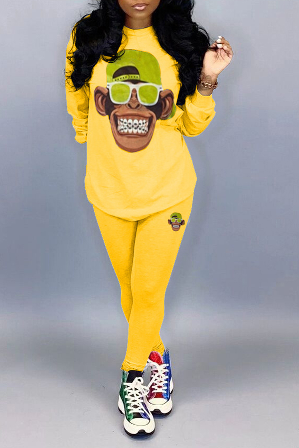 

Lovely Chic Print Basic Yellow Two-piece Pants Set