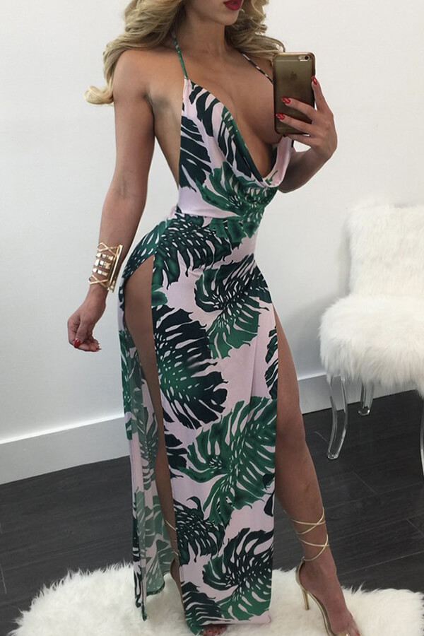 

Lovely Bohemian High Slit Print Green Maxi Dress