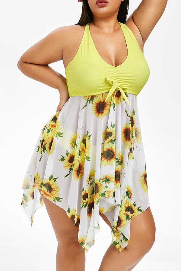 Lovely Print Yellow Plus Size Twopiece Swimsuit_Plus Size Bikinis_Plus