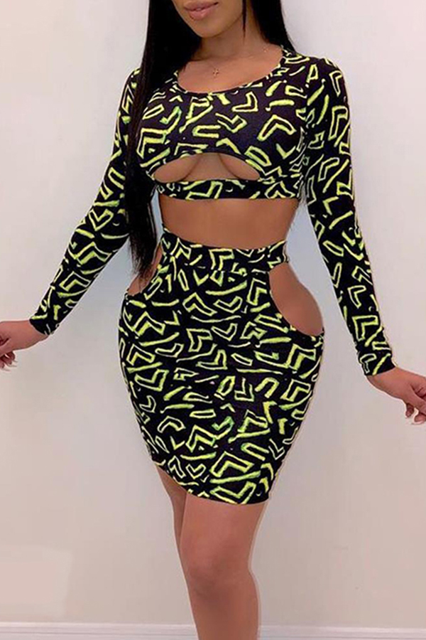 

Lovely Chic Hollow-out Print Green Two-piece Skirt Set