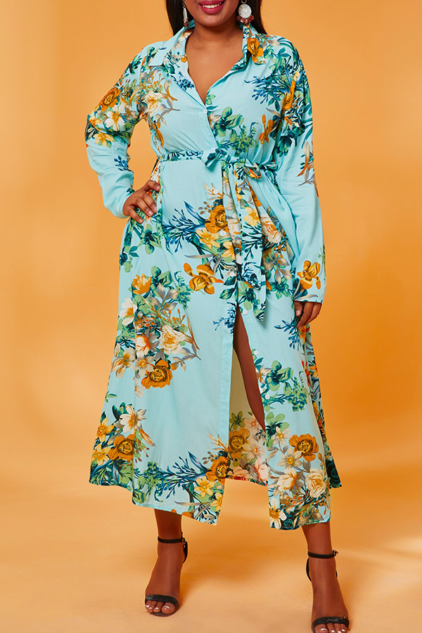 

Lovely Casual Print Lace-up Green Mid Calf Plus Size Dress