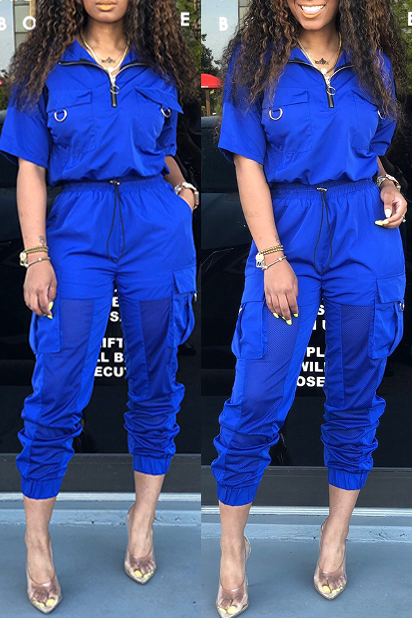 

Lovely Chic Pocket Patchwork Deep Blue Two-piece Pants Set