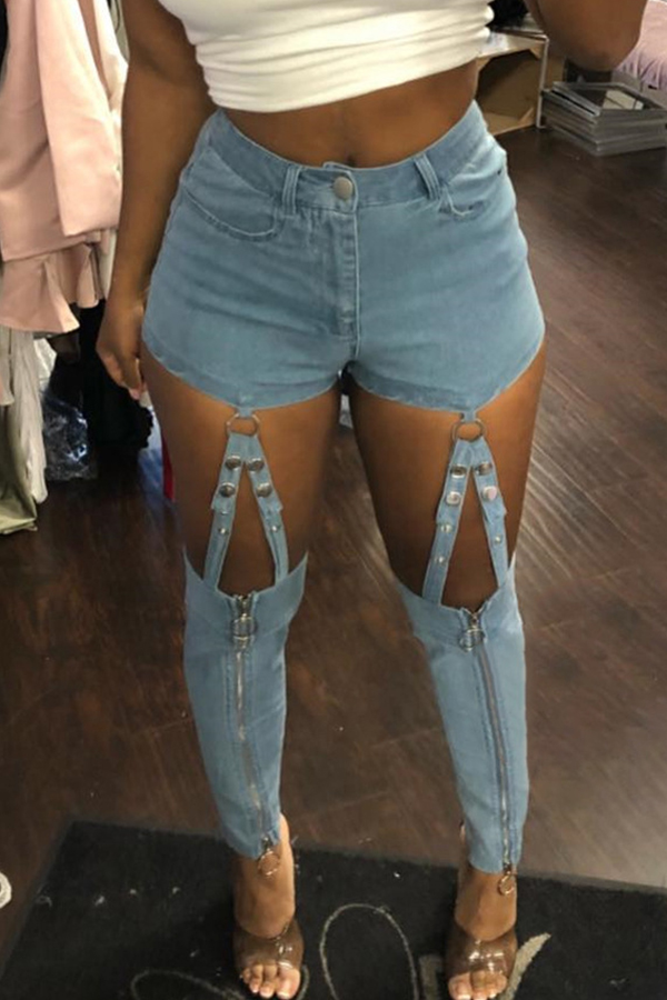 

Lovely Trendy Hollow-out Blue Jeans