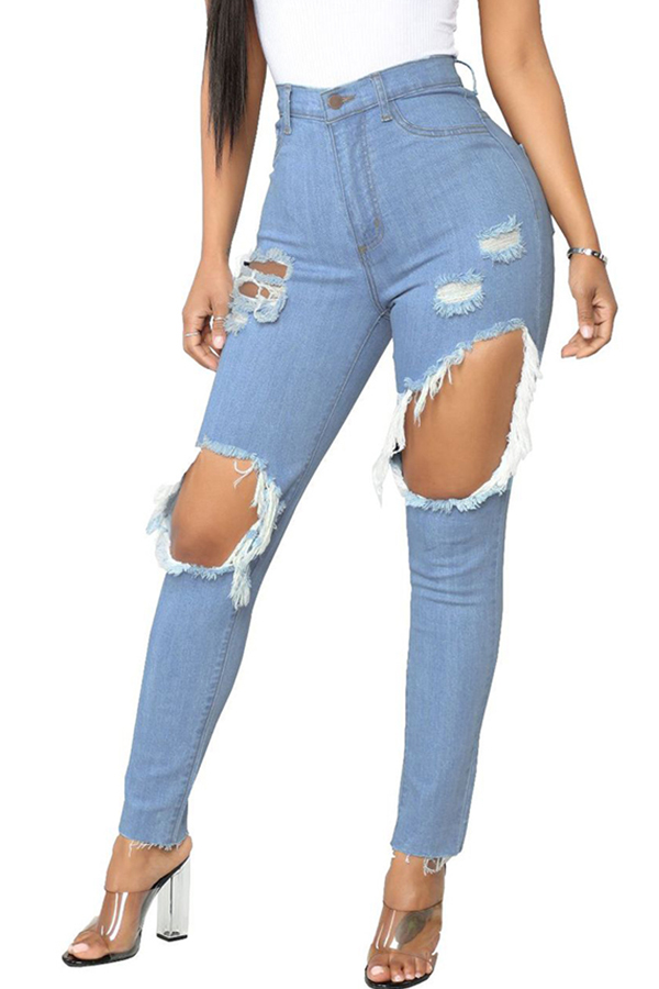 

Lovely Trendy Hollow-out Blue Jeans