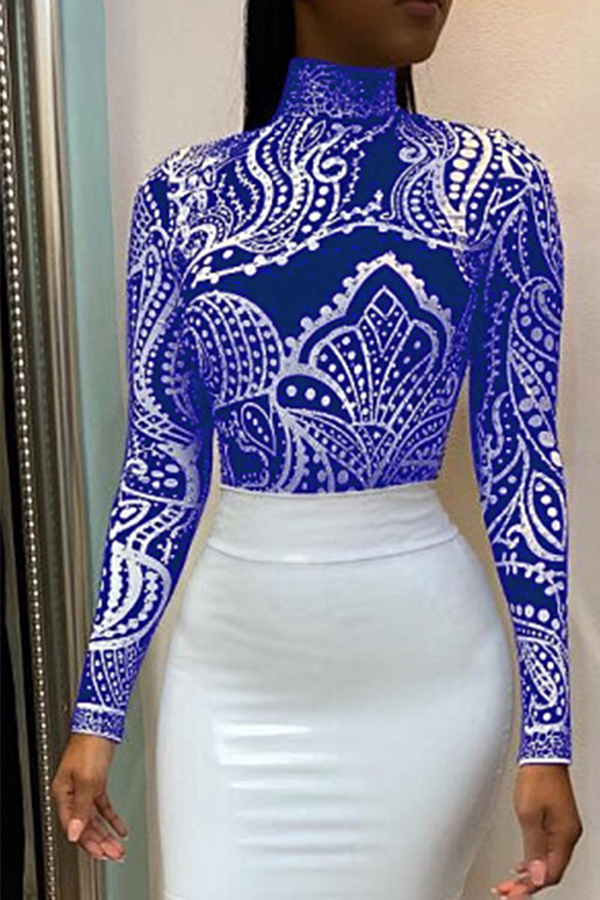 

Lovely Sweet Print Skinny Blue Blouse