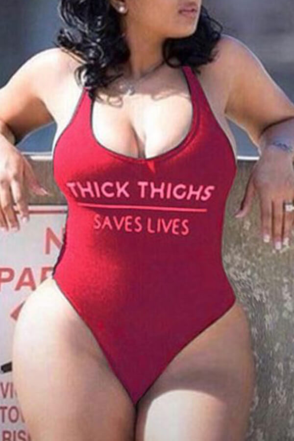

Lovely Plus Size Letter Print Wine Red One-piece Swimsuit