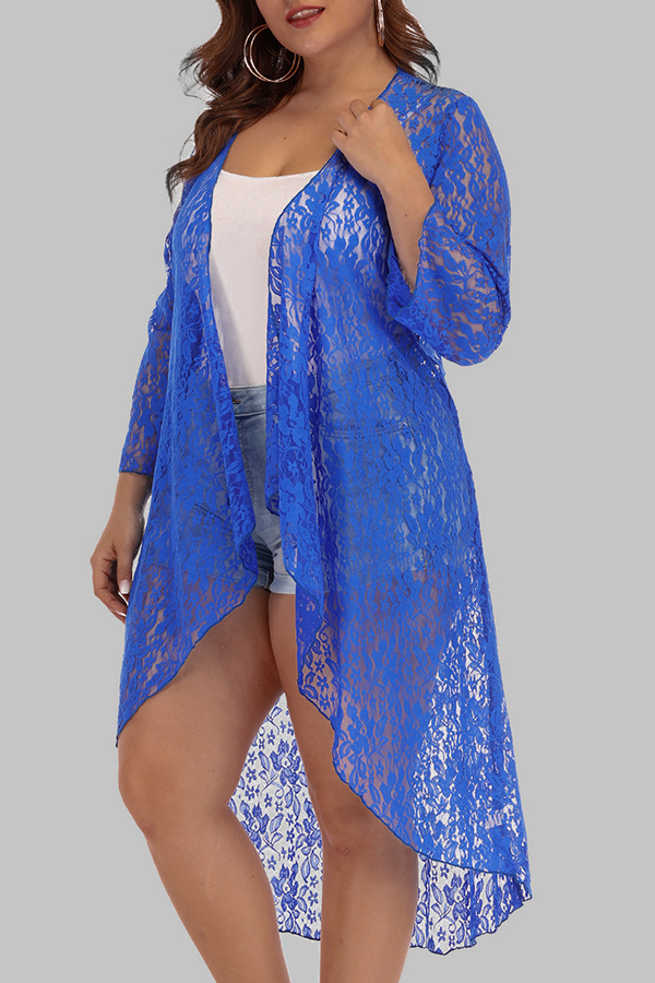 

Lovely Casual See-through Blue Plus Size Cover-up