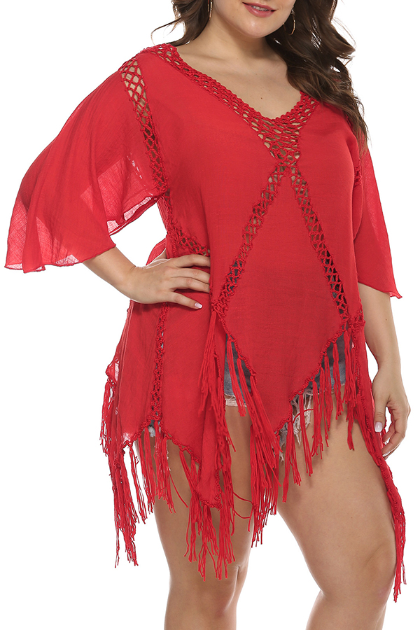 Lovely Casual See-through Red Plus Size Cover-up_Plus Size Cover-Ups ...