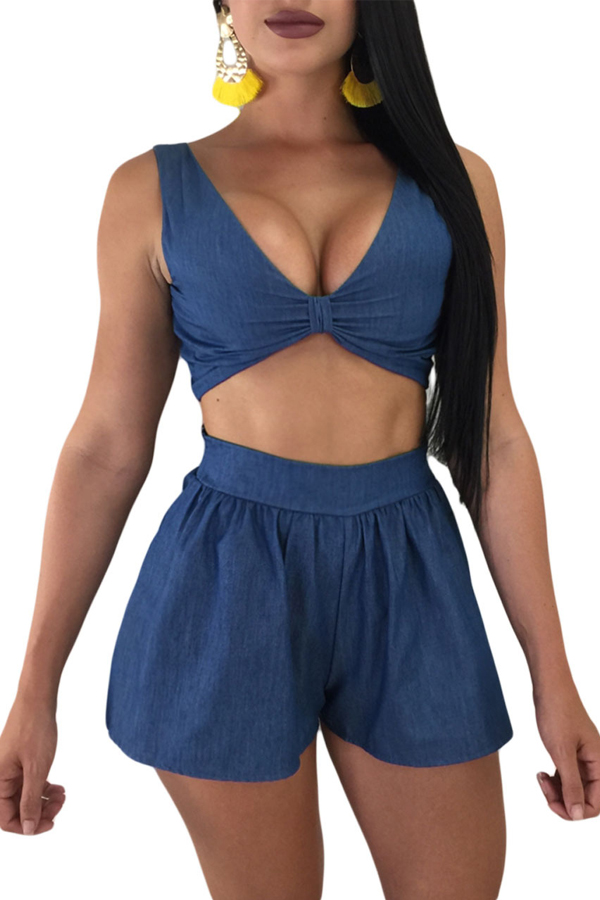 

Lovely Casual Sleeveless Blue Two-piece Shorts Set