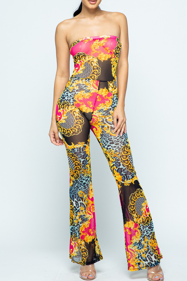 

Lovely Leisure Dew Shoulder Print Pink One-piece Jumpsuit