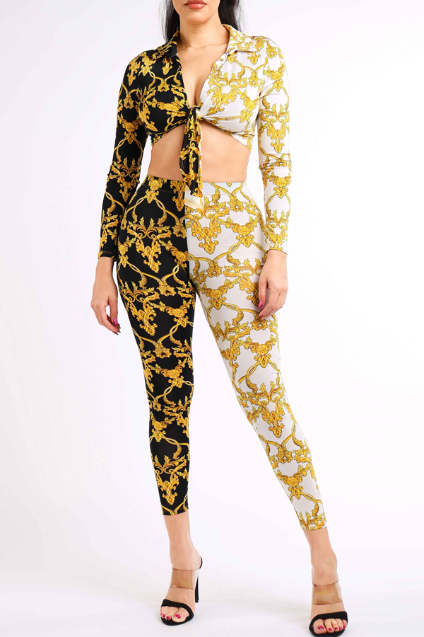 

Lovely Bohemian Print Knot Design Black Two-piece Pants Set