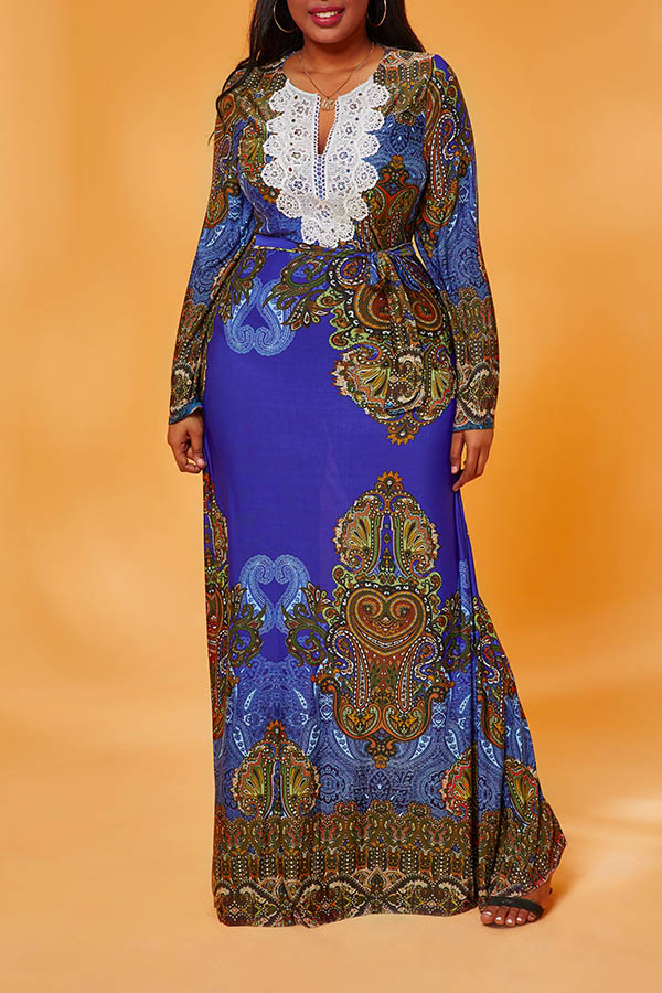 

Lovely Casual Print Blue Maxi Plus Size Dress