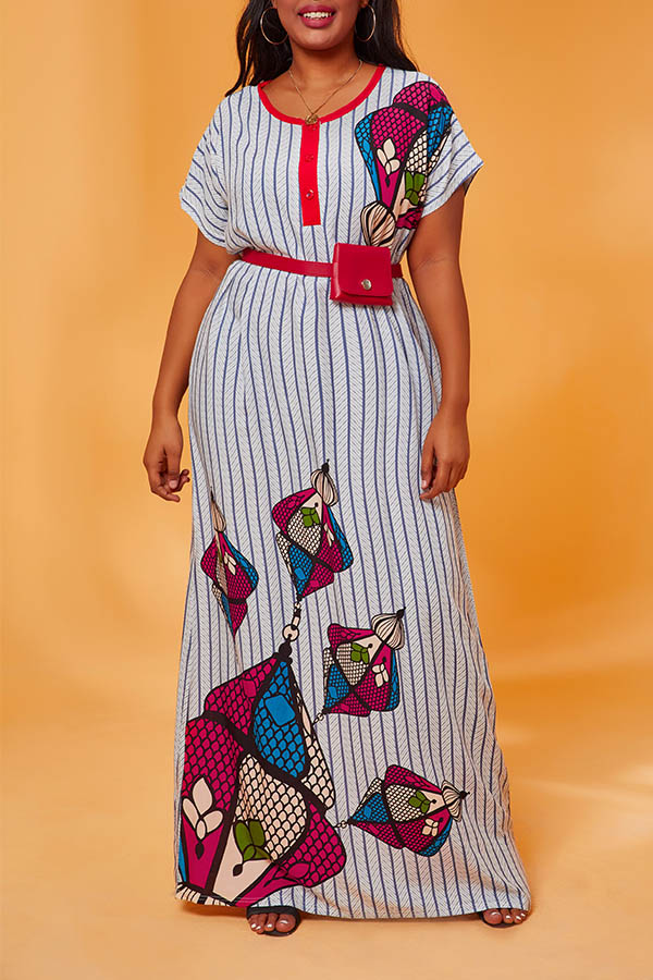

Lovely Casual Striped Grey Maxi Plus Size Dress